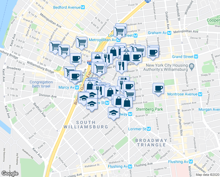 map of restaurants, bars, coffee shops, grocery stores, and more near 350 Hooper Street in Brooklyn