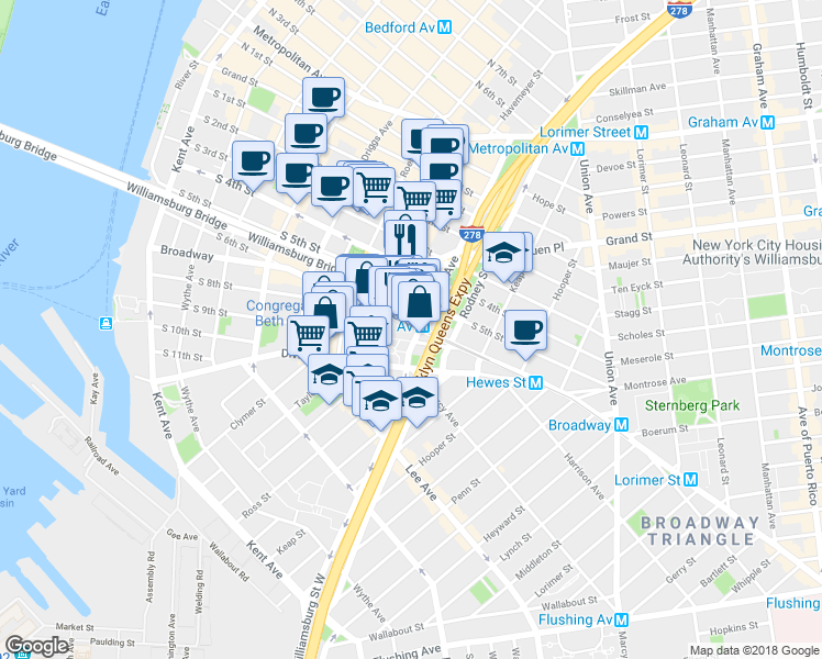 map of restaurants, bars, coffee shops, grocery stores, and more near in Brooklyn