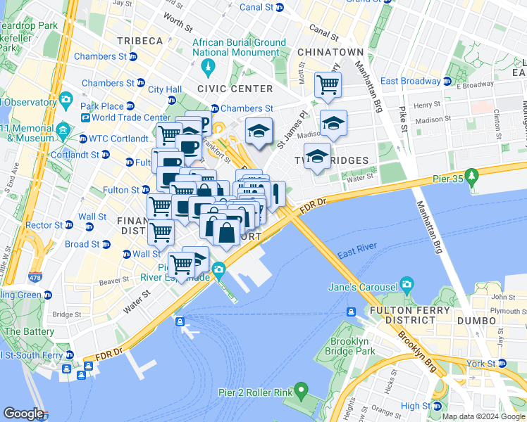 map of restaurants, bars, coffee shops, grocery stores, and more near 273 Water Street in Brooklyn