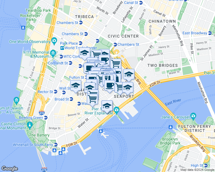 map of restaurants, bars, coffee shops, grocery stores, and more near 25 Cliff Street in New York