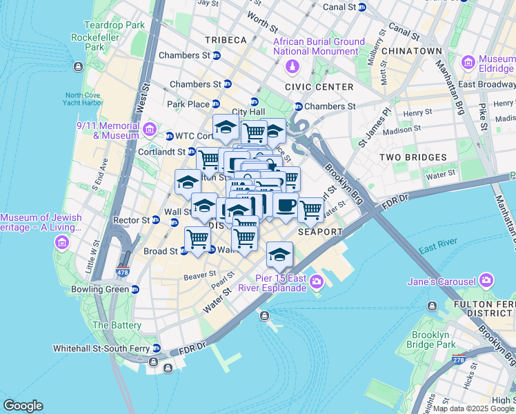 map of restaurants, bars, coffee shops, grocery stores, and more near 66 John Street in New York