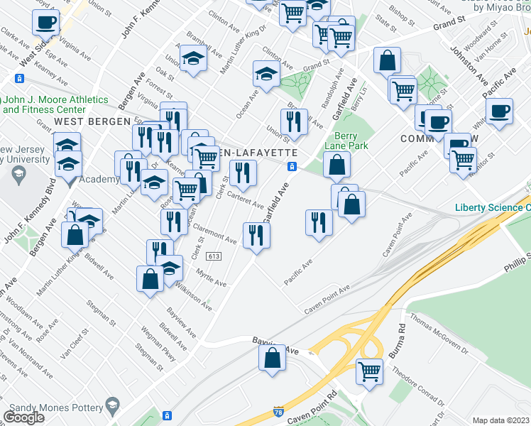 map of restaurants, bars, coffee shops, grocery stores, and more near 121 Carteret Avenue in Jersey City