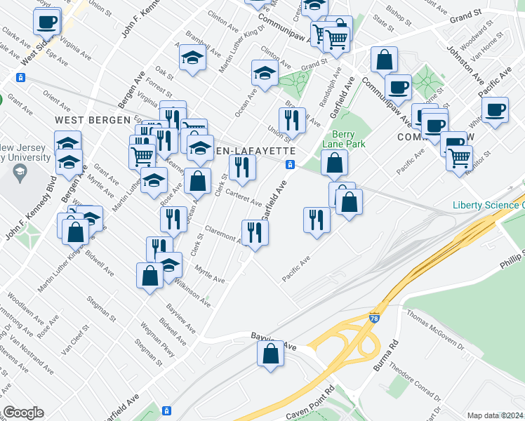 map of restaurants, bars, coffee shops, grocery stores, and more near 121 Carteret Avenue in Jersey City