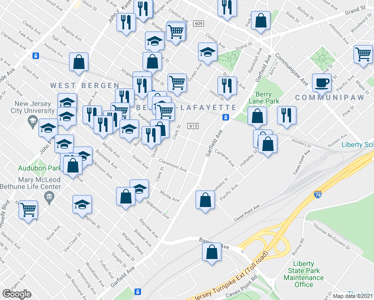 map of restaurants, bars, coffee shops, grocery stores, and more near 190 Arlington Avenue in Jersey City