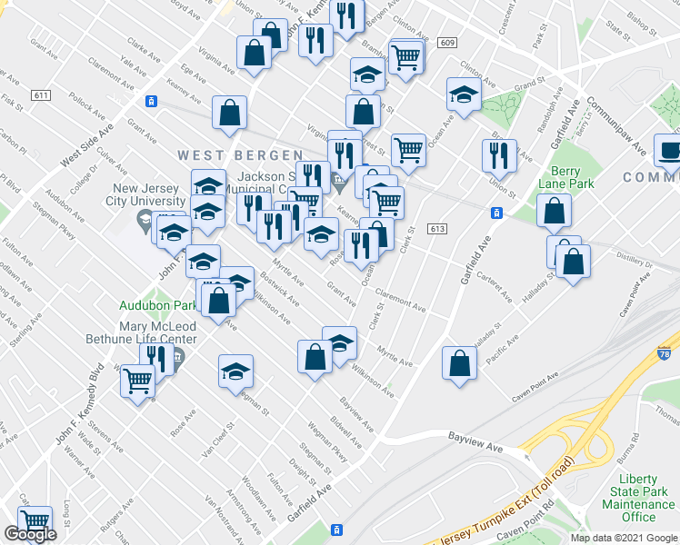 map of restaurants, bars, coffee shops, grocery stores, and more near 402 Rose Avenue in Jersey City