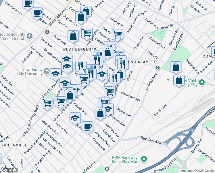 map of restaurants, bars, coffee shops, grocery stores, and more near 402 Rose Avenue in Jersey City