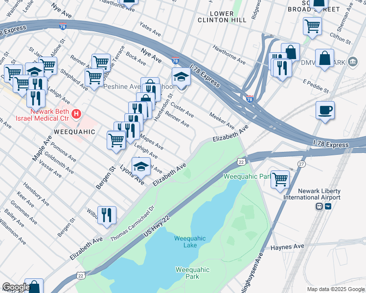 map of restaurants, bars, coffee shops, grocery stores, and more near 22-24 Shephard Avenue in Newark