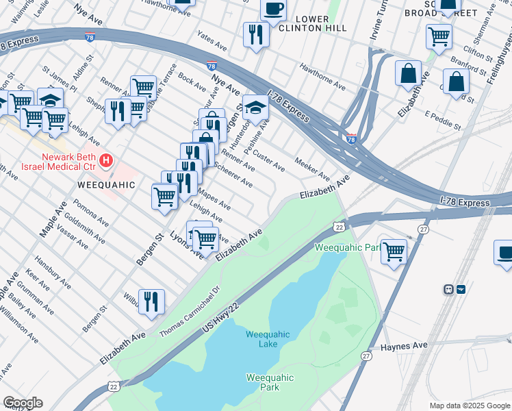 map of restaurants, bars, coffee shops, grocery stores, and more near 22-24 Shephard Avenue in Newark