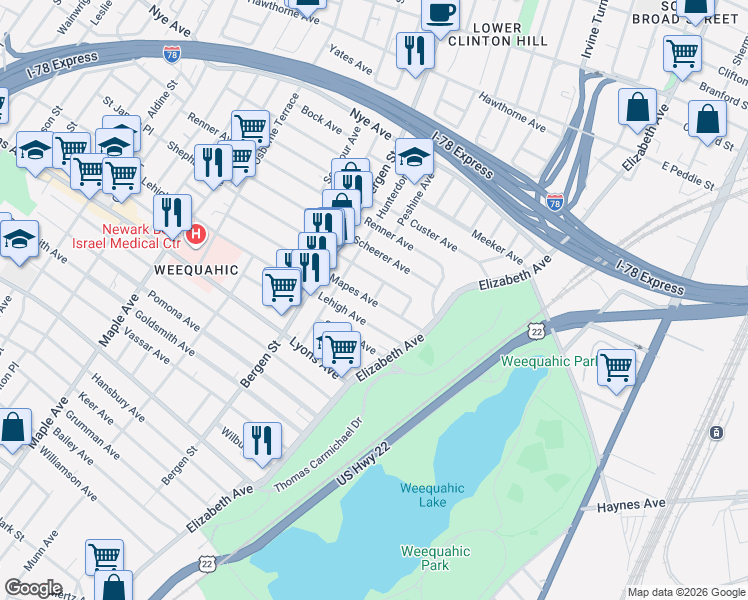map of restaurants, bars, coffee shops, grocery stores, and more near 13 Mapes Place in Newark