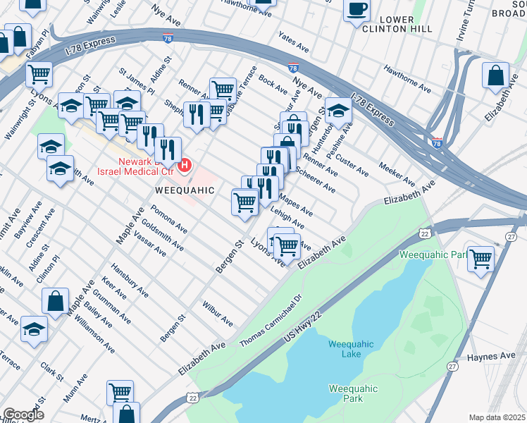 map of restaurants, bars, coffee shops, grocery stores, and more near in Newark