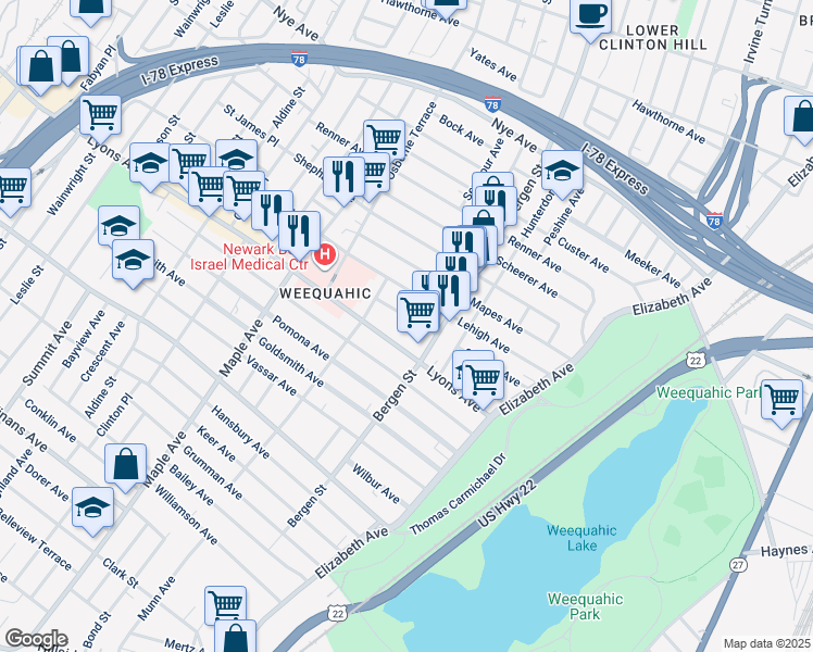 map of restaurants, bars, coffee shops, grocery stores, and more near 32 Harding Terrace in Newark