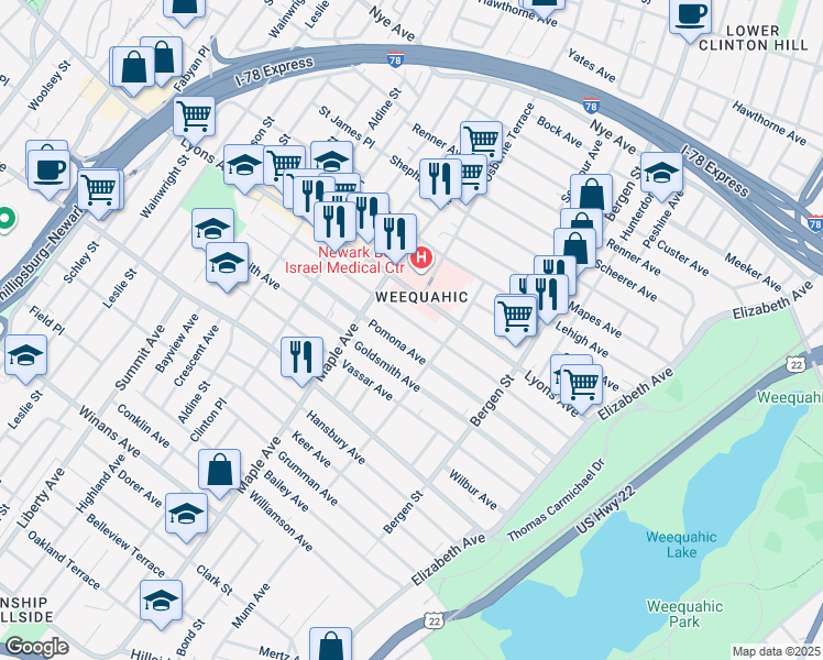 map of restaurants, bars, coffee shops, grocery stores, and more near 149 Weequahic Avenue in Newark