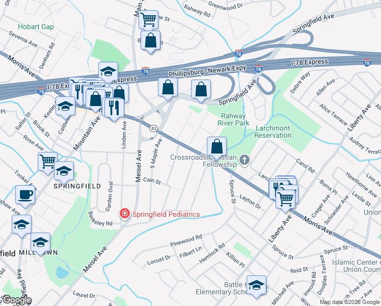 map of restaurants, bars, coffee shops, grocery stores, and more near 47 Morris Avenue in Springfield Township