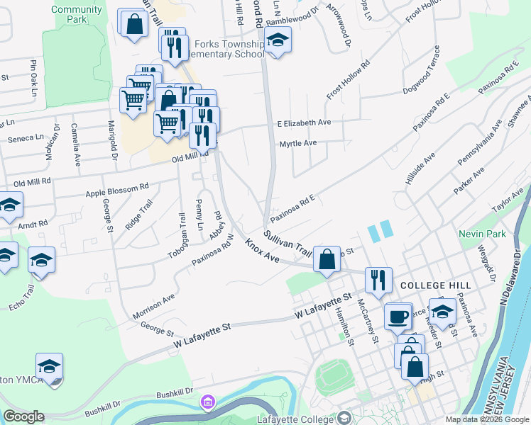 map of restaurants, bars, coffee shops, grocery stores, and more near 1309 Richmond Road in Easton