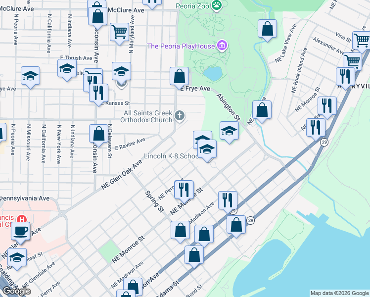 map of restaurants, bars, coffee shops, grocery stores, and more near 1601 Northeast Glendale Avenue in Peoria