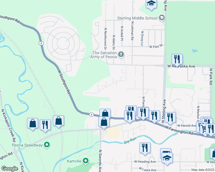 map of restaurants, bars, coffee shops, grocery stores, and more near 1615 North Great Oak Road in Peoria