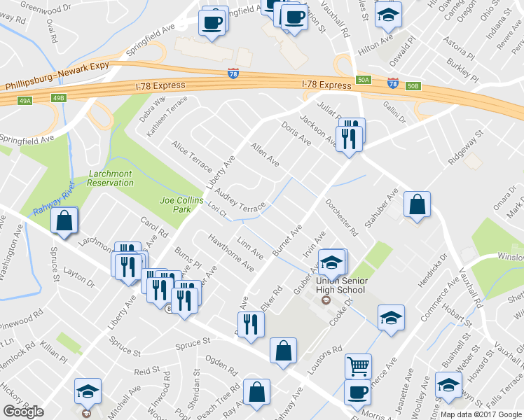 map of restaurants, bars, coffee shops, grocery stores, and more near 2544 Audrey Terrace in Union