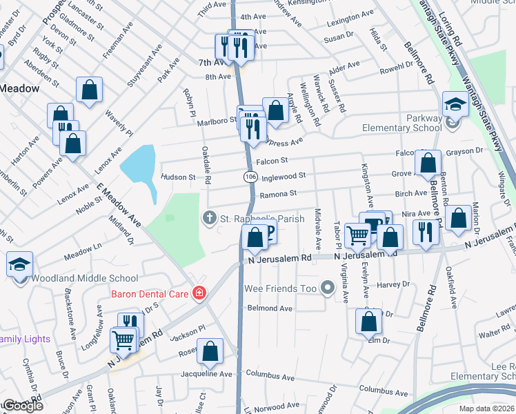 map of restaurants, bars, coffee shops, grocery stores, and more near 587 Newbridge Road in East Meadow