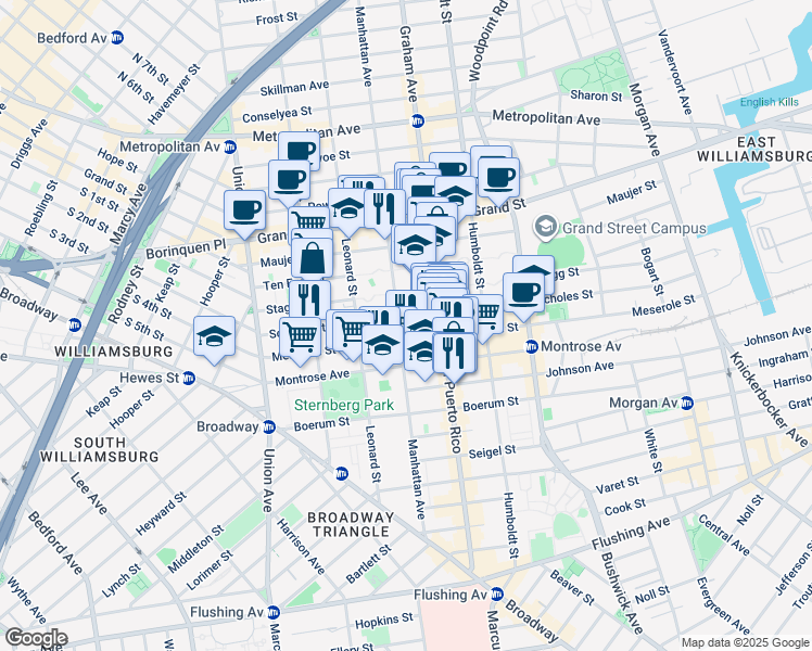 map of restaurants, bars, coffee shops, grocery stores, and more near 162 Manhattan Avenue in Brooklyn