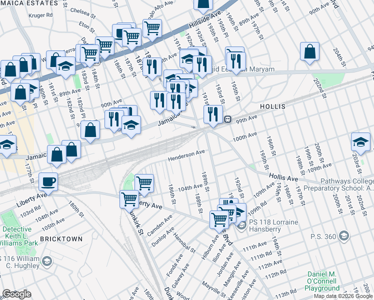 map of restaurants, bars, coffee shops, grocery stores, and more near 18460 Henderson Avenue in Queens