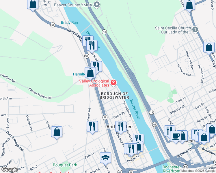 map of restaurants, bars, coffee shops, grocery stores, and more near 1314 Market St in Beaver