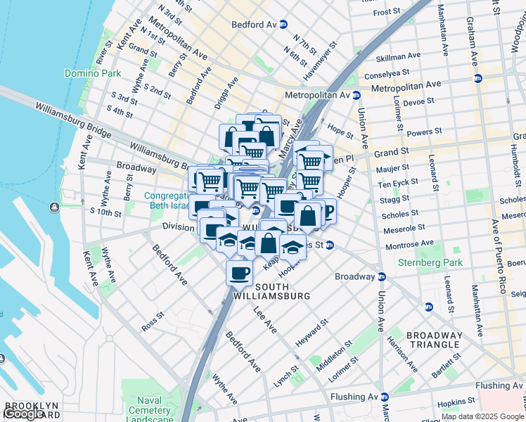 map of restaurants, bars, coffee shops, grocery stores, and more near 312 Broadway in Brooklyn