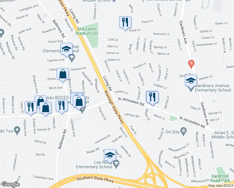 map of restaurants, bars, coffee shops, grocery stores, and more near 6 Haven Lane in Levittown