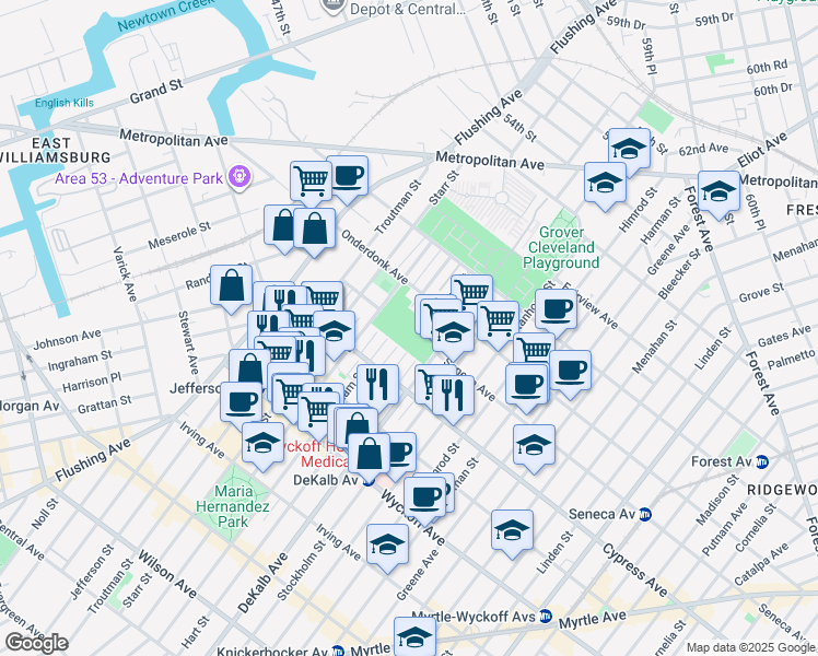 map of restaurants, bars, coffee shops, grocery stores, and more near 1808 Willoughby Avenue in Queens