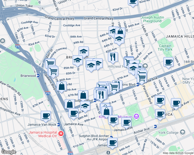 map of restaurants, bars, coffee shops, grocery stores, and more near 85-86 148th Street in Queens