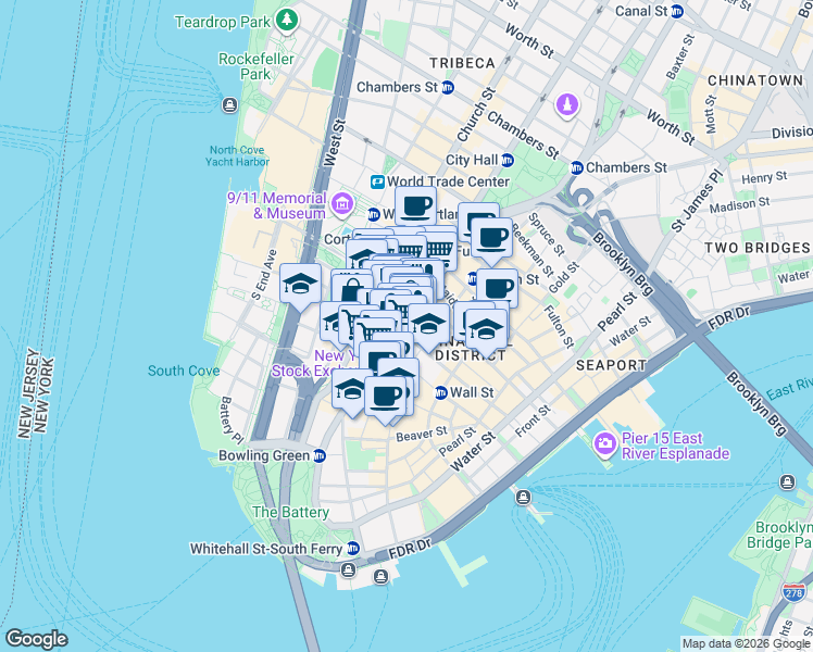 map of restaurants, bars, coffee shops, grocery stores, and more near 120 Broadway in New York