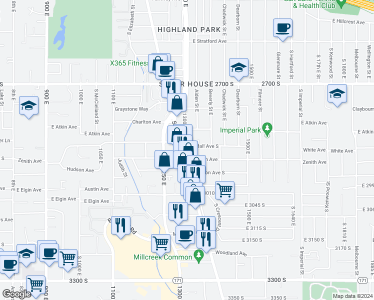 map of restaurants, bars, coffee shops, grocery stores, and more near 2885 Highland Drive in Salt Lake City