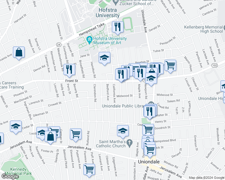 map of restaurants, bars, coffee shops, grocery stores, and more near 306 California Avenue in Uniondale
