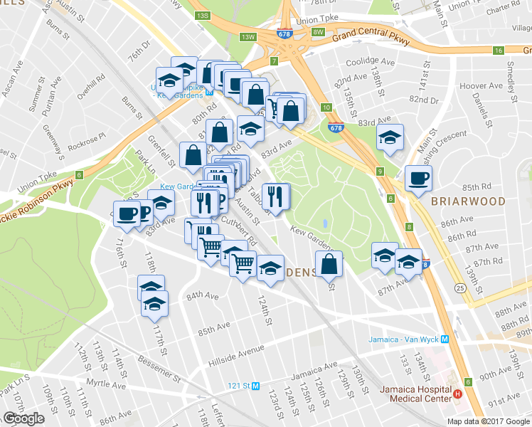 map of restaurants, bars, coffee shops, grocery stores, and more near 83-64 Talbot Street in Queens