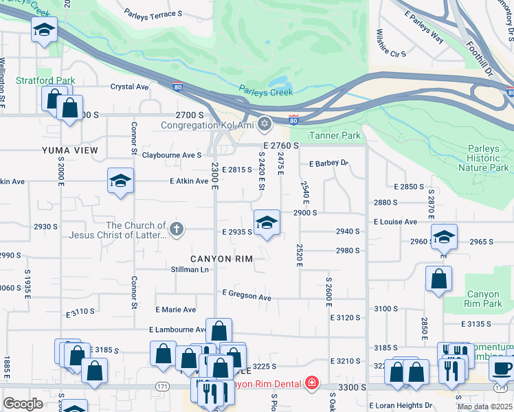 map of restaurants, bars, coffee shops, grocery stores, and more near 2881 Lakeview Drive in Salt Lake City