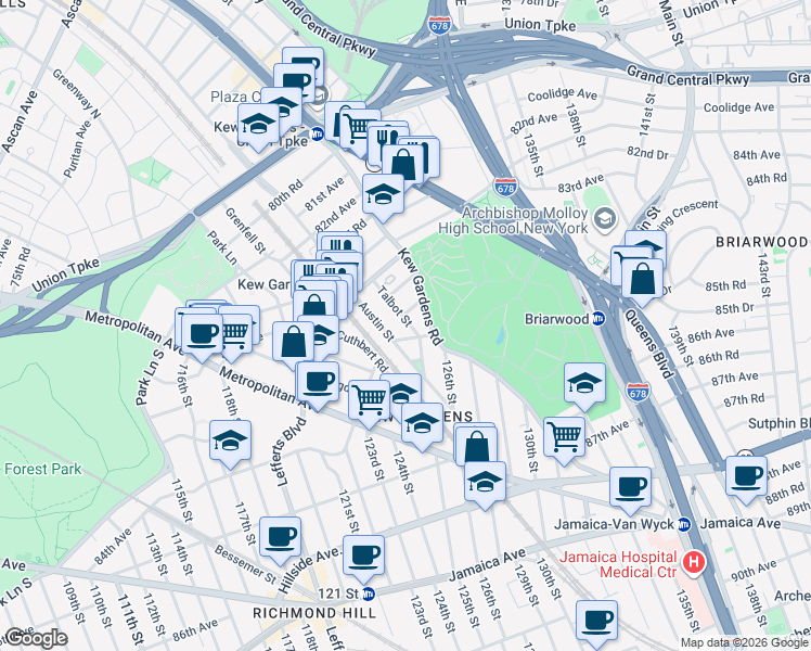map of restaurants, bars, coffee shops, grocery stores, and more near 84-24 Kew Gardens Road in Queens
