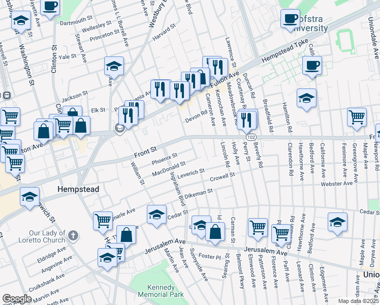 map of restaurants, bars, coffee shops, grocery stores, and more near 132 Phoenix Street in Hempstead