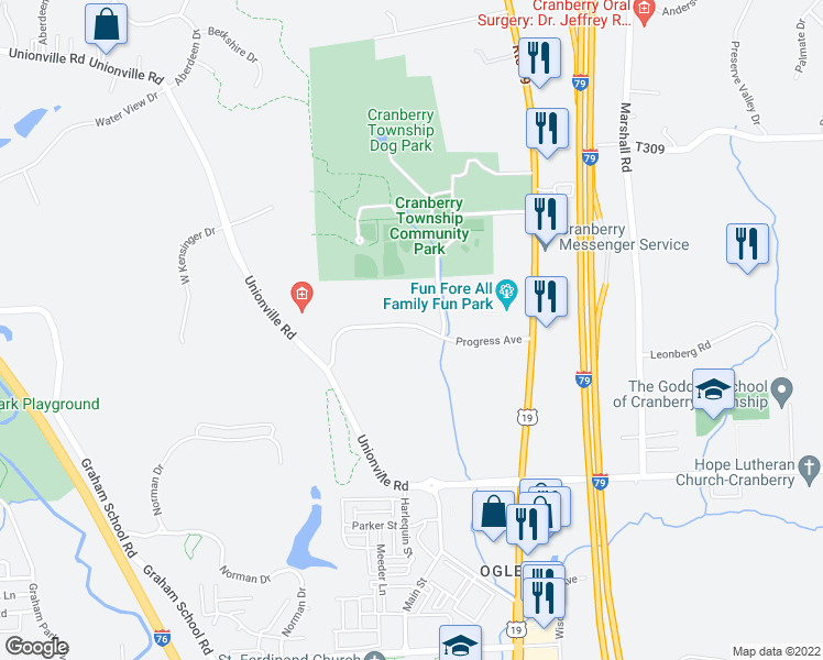 map of restaurants, bars, coffee shops, grocery stores, and more near 41 Progress Avenue in Cranberry Township