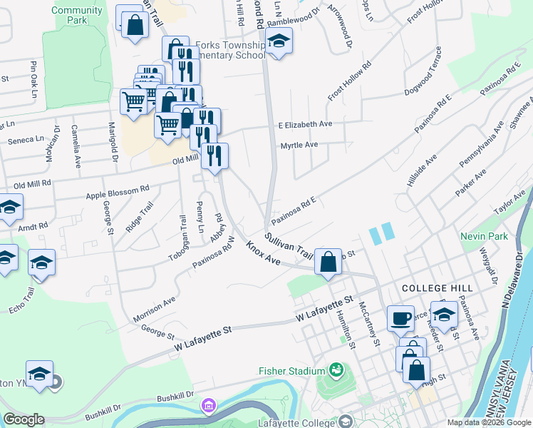 map of restaurants, bars, coffee shops, grocery stores, and more near 1309 Richmond Road in Easton