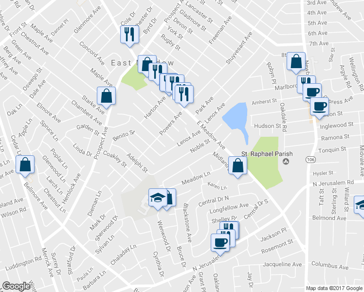 map of restaurants, bars, coffee shops, grocery stores, and more near 1704 Lenox Avenue in East Meadow