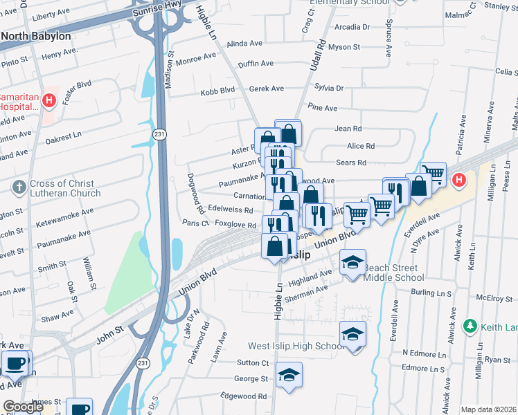 map of restaurants, bars, coffee shops, grocery stores, and more near 14 Foxglove Road in West Islip