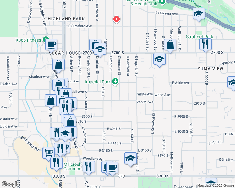 map of restaurants, bars, coffee shops, grocery stores, and more near 2882 Glenmare Street in Salt Lake City