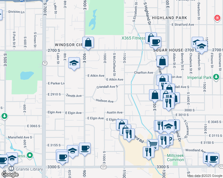 map of restaurants, bars, coffee shops, grocery stores, and more near 1036 Crandall Avenue South in Salt Lake City