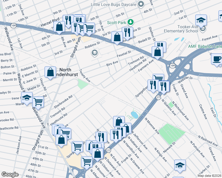 map of restaurants, bars, coffee shops, grocery stores, and more near 213 Farmers Avenue in Lindenhurst