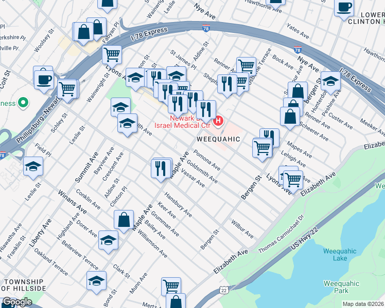 map of restaurants, bars, coffee shops, grocery stores, and more near 171 Pomona Avenue in Newark