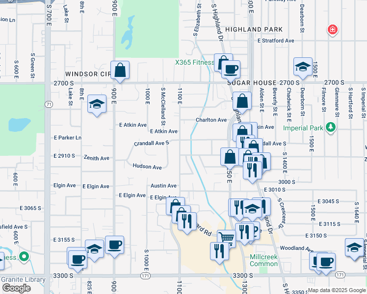 map of restaurants, bars, coffee shops, grocery stores, and more near 2887 South 1100 East in Salt Lake City