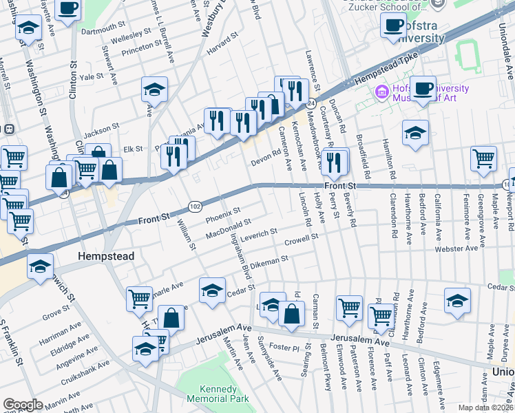 map of restaurants, bars, coffee shops, grocery stores, and more near 132 Phoenix Street in Hempstead