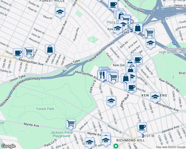 map of restaurants, bars, coffee shops, grocery stores, and more near 117-1A Park Lane South in Queens