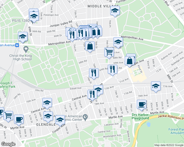 map of restaurants, bars, coffee shops, grocery stores, and more near 75th St & 69th Rd in Queens