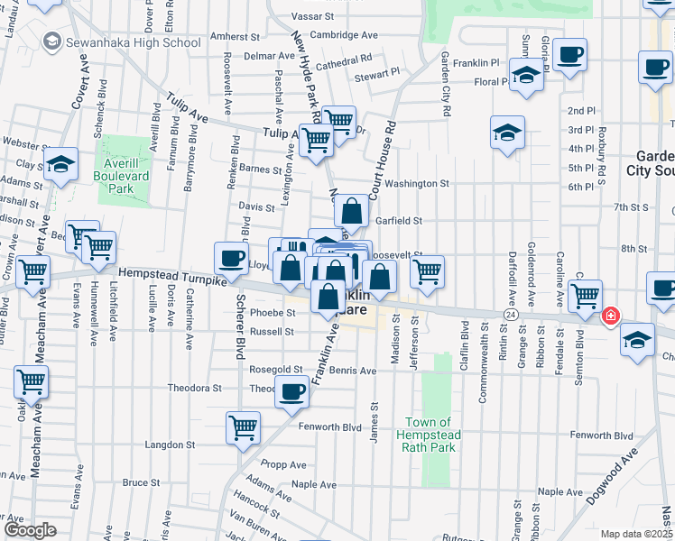 map of restaurants, bars, coffee shops, grocery stores, and more near 990 Holzheimer Street in Franklin Square