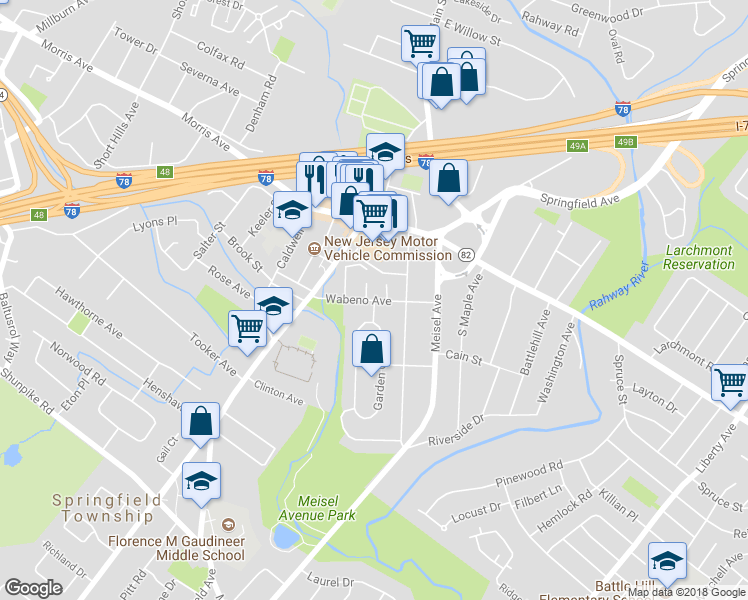 map of restaurants, bars, coffee shops, grocery stores, and more near Wabeno Avenue in Springfield Township